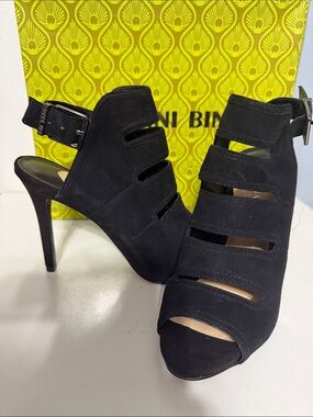 Gianni Bini Black Suede Cutout Peep-Toe Stiletto Booties
